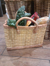 Woven Moroccan Tote Basket with Leather Trim