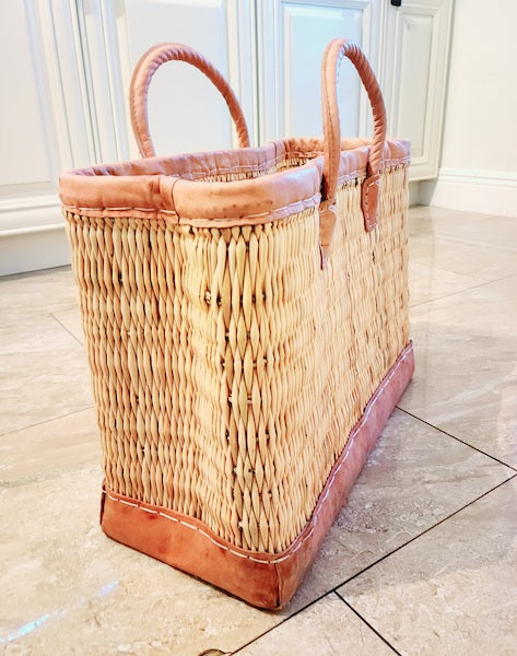 Woven Moroccan Tote Basket with Leather Trim